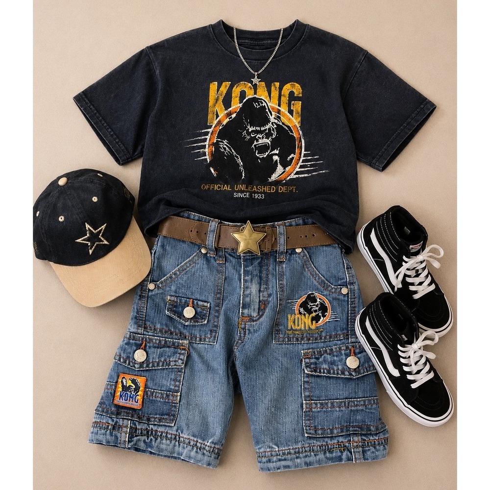 Vintage Embroidered King-Kong Cargo Denim Shorts size 2 Boys